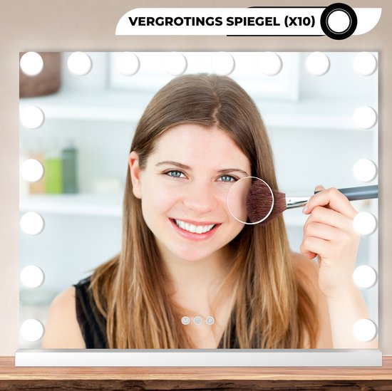 Bayt Hollywood Spiegel mit Beleuchtung - Make-up Spiegel mit Beleuchtung - Spiegel mit Beleuchtung - Hollywood Spiegel 80x60 - dimmbar - 10x Vergrößerung - 80x60cm - Weiß