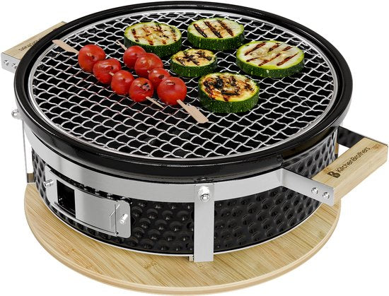 KitchenBrothers Kamado Hibachi Grill - PFAS frei - Holzkohlegrill - Shichirin Tischgrill - Rund BBQ - Keramikgrill - Schwarz