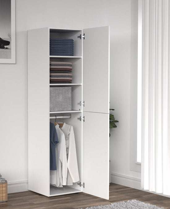 Kleiderschrank schmal hoch - Einlegeböden und Hängeteil - weiß