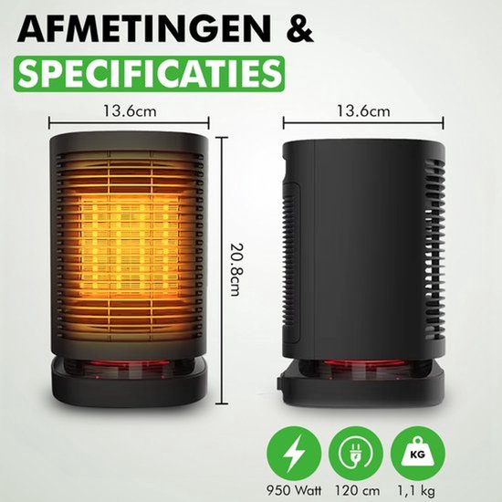 Travelhawk Elektroheizgerät - Keramikheizgerät - 3 Stufen - 950W Heizgerät - Elektroheizgerät mit LED-Anzeige - Rotierend - Schwarz