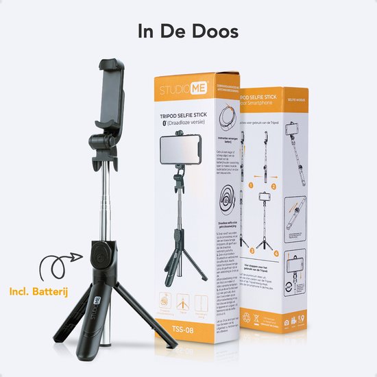 Studio ME - 3-in-1 Selfie Stick & Stativ - 19 bis 70 cm - Mit Bluetooth-Fernbedienung - Universelles Telefonstativ - Kompakt & Tragbar - Schwarzer Kunststoff & Edelstahl