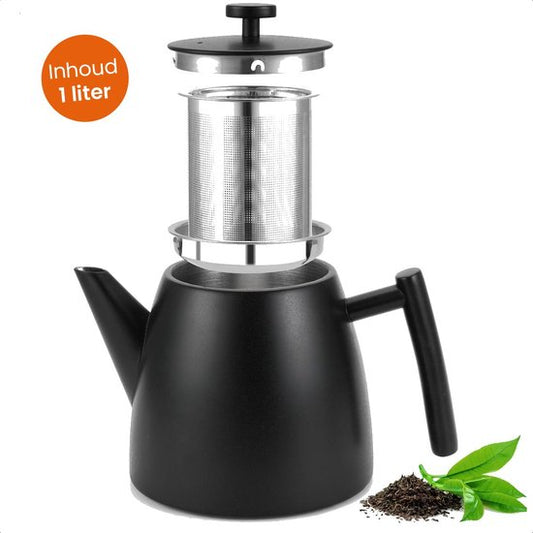 Goliving Teekanne mit Filter - 1 Liter - Teekanne - Doppelwandig - Edelstahl - Tee-Ei - Matt - Schwarz