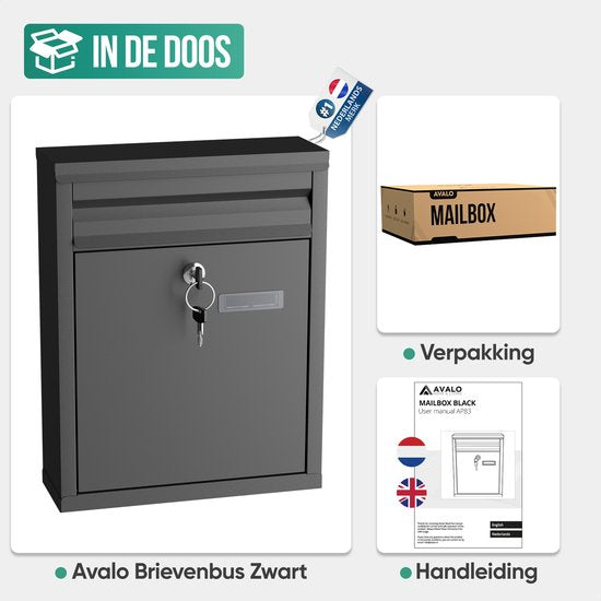 Avalo Briefkasten - Wandbriefkasten - mit Schloss und 2 Schlüsseln - inkl. Befestigungsmaterial - Schwarz