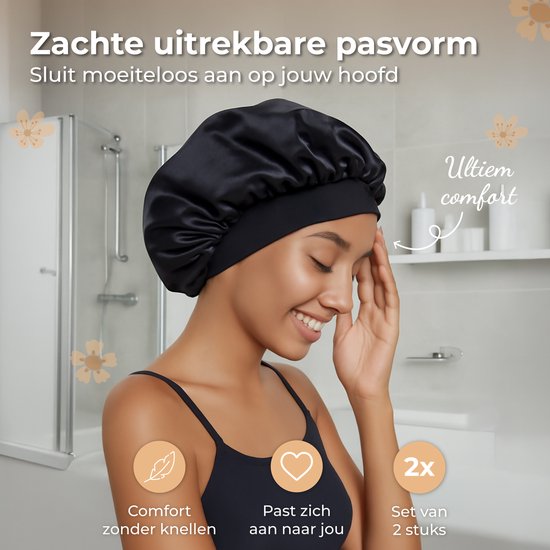 Nuvance Bonnet Satin - 2er-Set - Satin-Schlafmütze verstellbar - Satinhaube - Unisex - Schwarz