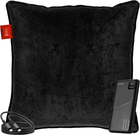 Coozie Wiederaufladbares Wärmekissen - Kabellos & verkabelt - 45-65°C - Samt - 45 x 45 cm - Elektrisches Kissen - Inkl. Powerbank - Bis zu 8 Stunden Wärme - Schwarz