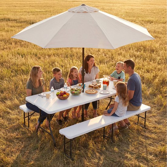 LifeGoods Faltbares Picknick-Set - 180cm x 74cm - Gartentisch mit 2 Bänken - Wetterfest - Campingtisch - Biertisch faltbar - Für Innen und Außen - Für 6 bis 8 Personen - Weiß