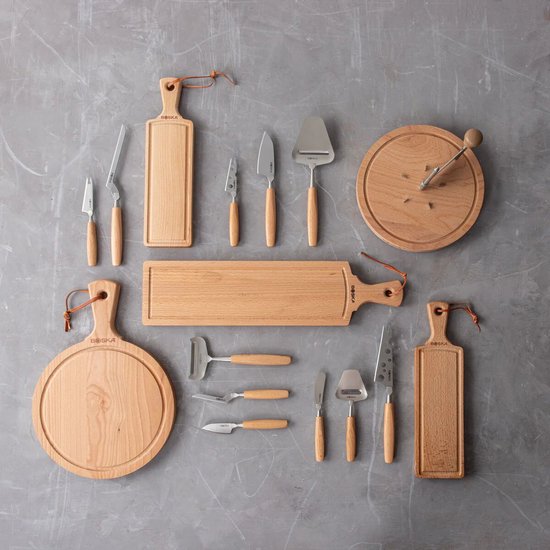 Boska Käsemesserset Amigo Small - Käsemesser - 5er-Set - Für jede Käsesorte - Antihaftbeschichtung - Ergonomisch - Edelstahl und Buchenholz