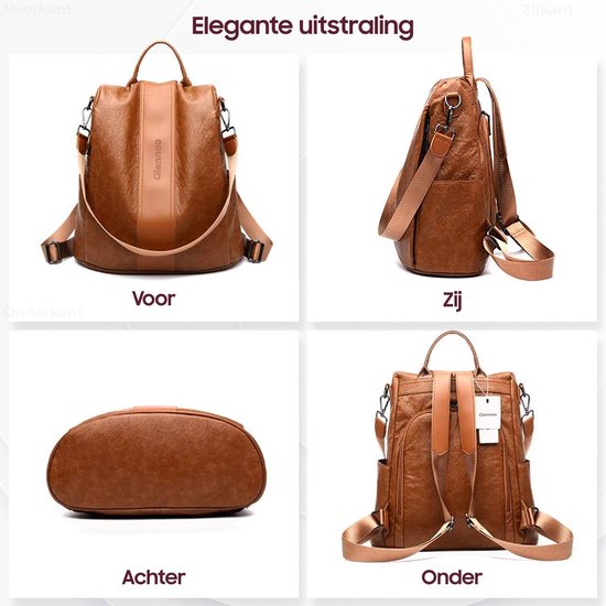 Glennoo Anti-Diebstahl-Rucksack - Damen - PU-Leder - Braun