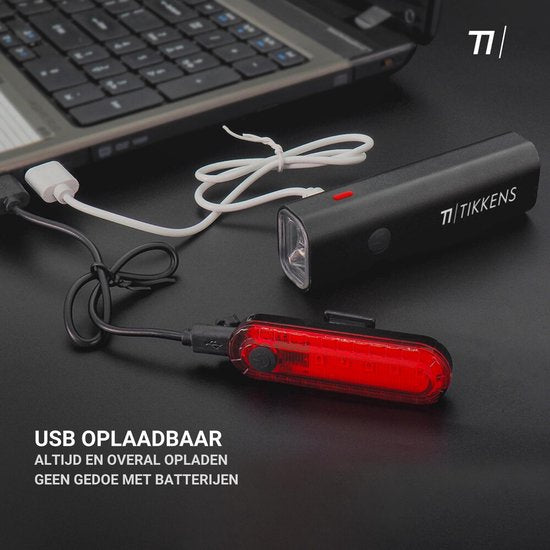TIKKENS LED Fahrradlicht Set - USB wiederaufladbar - Vorderlicht & Rücklicht - MTB & Rennrad Beleuchtung - Wasserdicht - Schwarz