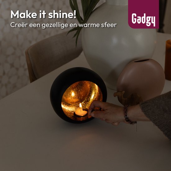 Gadgy Teelichthalter rund - Teelichthalter - Weihnachtsdekoration Wohnzimmer - Stimmungsvolle Lichter im Innenbereich - Kerzenhalter für Teelichter 17x17 cm - Windlicht Metall - Schwarz/Gold - Geschenk für Frauen