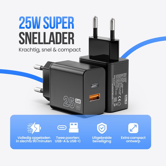 Strex USB-C & USB-A Schnellladegerät 25W - GaN-Ladegerät mit PD 3.0 & QC 3.0 - inkl. USB-C Kabel - Schwarz