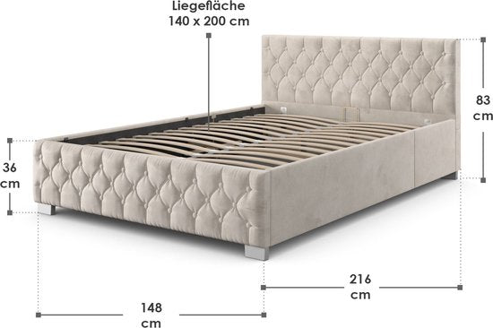 Polsterbett Nizza - 140 x 200 cm - Beige - LED-Beleuchtung & Bettschublade