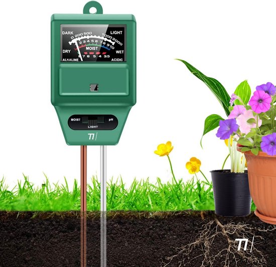 TIKKENS® Bodenfeuchtemessgerät Pflanzen - Pflanzenfeuchtemessgerät - pH- und Lichtmessgerät - 3 in 1 - Blumen/Pflanzen - Garten-Bodentests - Feuchtemessgeräte