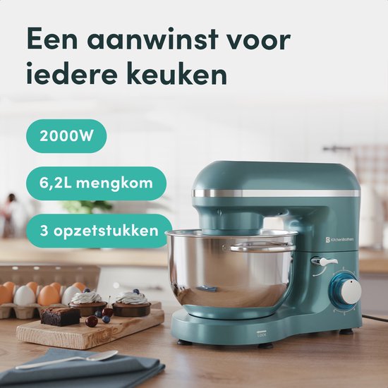 KitchenBrothers Küchenroboter - Küchenroboter - 6.2L - Mixer mit Rührschüssel - Küchenmixer - 2000W - Pastellgrün