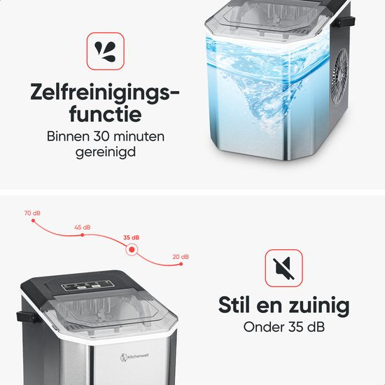 Kitchenwell Eiswürfelbereiter - 1.3L - Eiswürfelbereiter - Eisportionierer - 12kg/24 Stunden - Tragbar - Selbstreinigungsfunktion - Edelstahl
