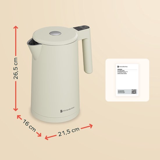 KitchenBrothers Wasserkocher - 1.7L - Mit Temperaturregelung - Elektrisch - Warmhaltefunktion - Display - Doppelwandig - Cool-touch - 2200W - Beige