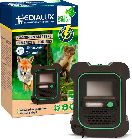 Edialux Ultrasonic Defend Foxes & Marters Flash, Ultraschall-Fuchs- und Marderabwehr mit Blitzlicht, schützt Ihren Garten sicher und effektiv, funktioniert mit Batterien oder mit Adapter, max 200 m²
