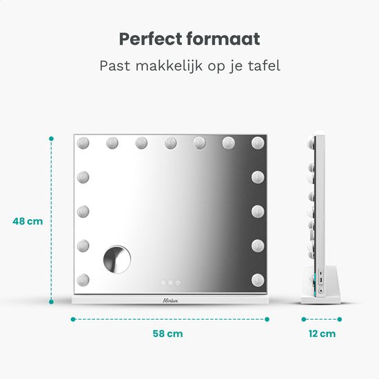 Mirlux Hollywood Mirror 58x48CM - Bluetooth-Spiegel mit 2 Lautsprechern - Schminkspiegel mit Beleuchtung - 15x LED-Lampen - 3 Lichtmodi - 10-fache Vergrößerung - Hollywood-Spiegel mit USB & USB-C - Luxuriöser weißer Schminkspiegel für Schminktisch oder Ba