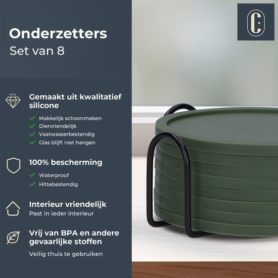 Castagnola Silikon-Untersetzer - Untersetzer für Gläser - Design-Untersetzer mit Halter - Untersetzer-Set - Anti-Rutsch - 8er-Set - Grün