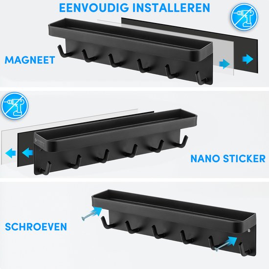 Happy Goods® - Schlüsselbrett - Schlüsselhalter - selbstklebend, magnetisch und schraubbar - rostfreier Stahl - Schwarz