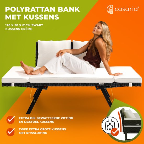 Casaria Polyrattan Gartenbank - 176 cm Verstellbar Inkl. Kissen - Schwarz
