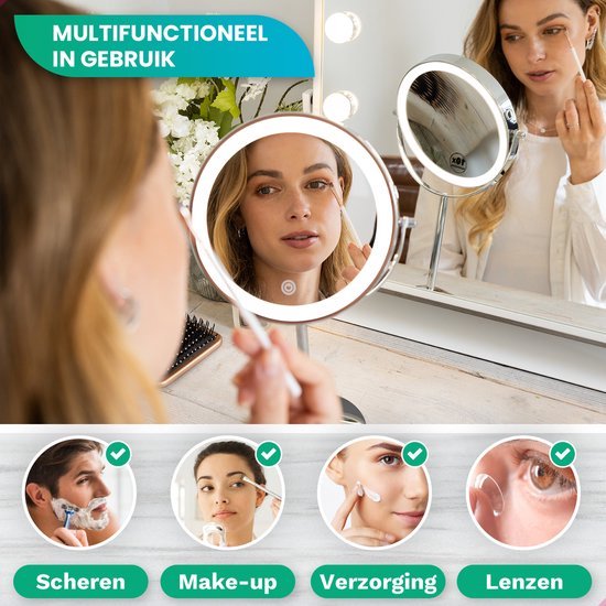 Mirlux Make Up Spiegel mit LED-Beleuchtung - 10x Vergrößerung - Rasierspiegel klein auf Fuß - 3 Lichtstufen - wiederaufladbar - Vergrößerungsspiegel Chrom