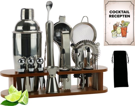 KitchenBrothers Cocktail Set - 25 Stück - Deluxe Set - Cocktail Shaker (750ml) - Dunkelbraun/Bambus - Mit Rezeptheft - Geschenkverpackung
