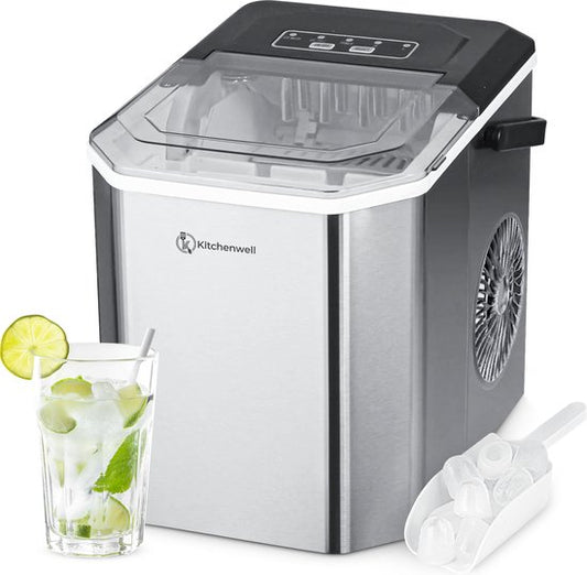 Kitchenwell Eiswürfelbereiter - 1.3L - Eiswürfelbereiter - Eisportionierer - 12kg/24 Stunden - Tragbar - Selbstreinigungsfunktion - Edelstahl