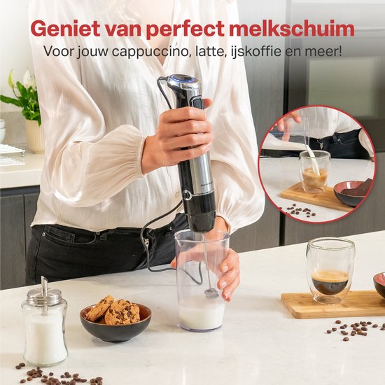 AoraKitchen Stabmixer-Set - 6 Teile - 1000W - Turbo - Milchaufschäumer - Zerkleinerer - Messbecher - Schneebesen