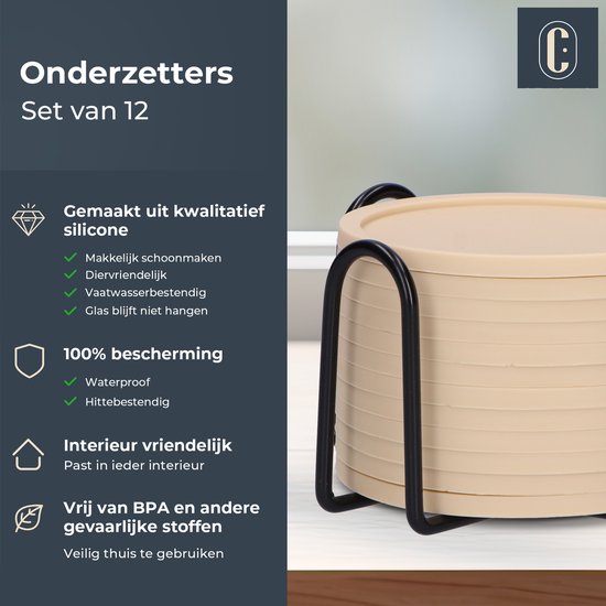 Castagnola Silikon-Untersetzer - Untersetzer für Gläser - Design-Untersetzer mit Halter - Untersetzer-Set - Anti-Rutsch - 12er-Set - Beige