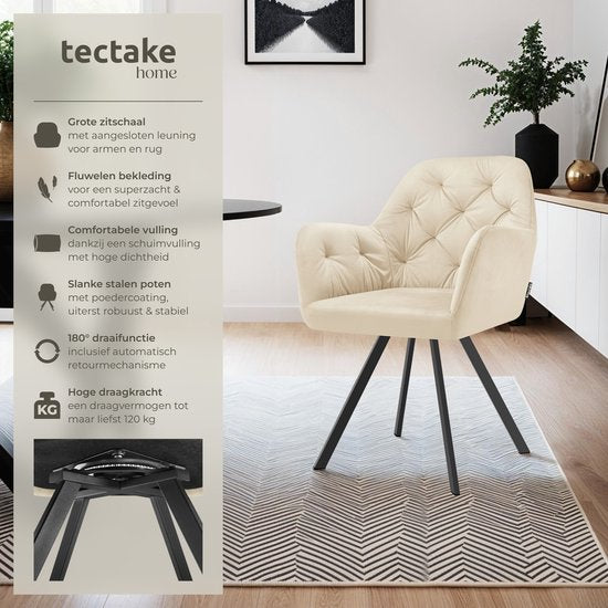 tectake - Drehstuhl - mit Arm- und Rückenlehne - 180-Grad-Drehung - Moderner Stuhl mit Stahlbeinen - Samt - Creme