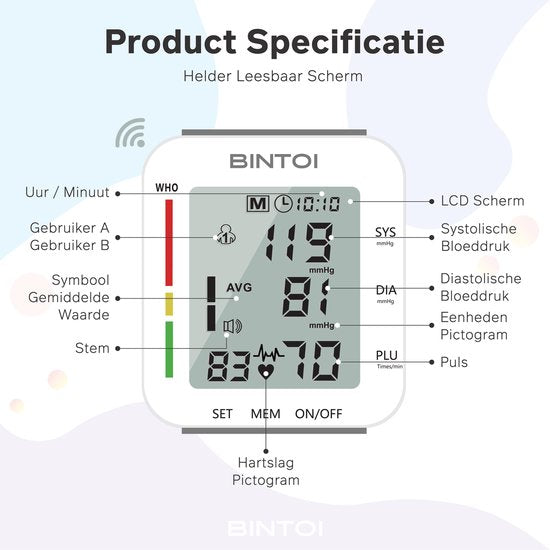 Bintoi® BXE200 - Handgelenk-Blutdruckmessgerät - Herzfrequenzmessgerät
