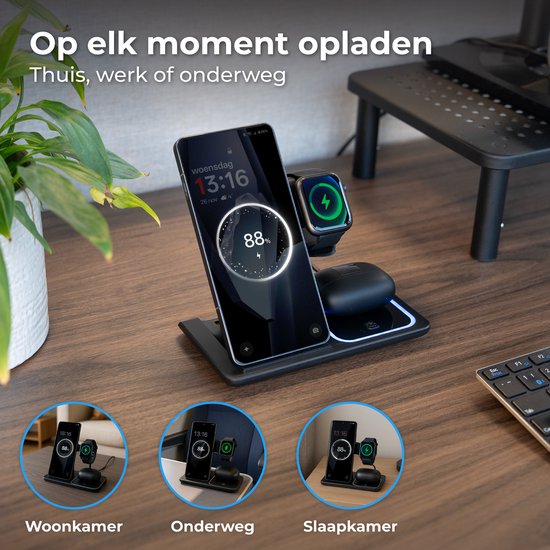 Nuvance Wireless Charger - 3 in 1 - 15W - Ladestation - Schnellladegerät - Wireless Charger - für Smartphone, Smartwatch & Kopfhörer