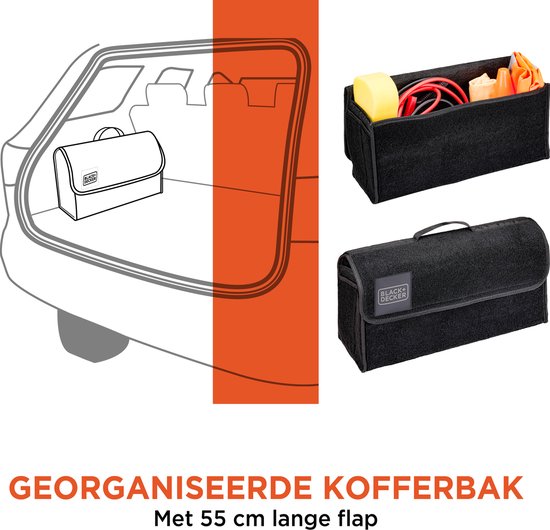 BLACK+DECKER Trunk Organiser - Kofferraumtasche - 55 x 15 x 23 CM - 1 großes Fach und 2 Einsätze - Einkaufen und Autozubehör - Mit Klettverschluss - Schwarz