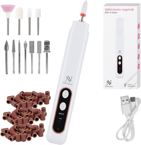 Nuvance Elektrische Nagelfeile - 15000 RPM - Nagelfräse - 12 Bits - 40 Schleifrollen - Maniküre & Pediküre Set