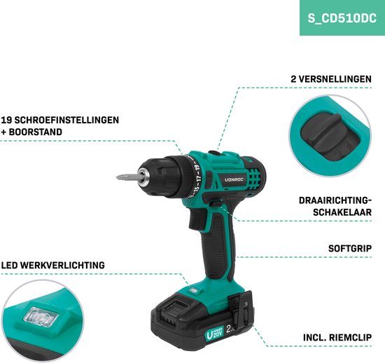VONROC Akku-Bohrmaschine 20V - 19 Schraubpositionen + Bohrposition - Inkl. 2 Bits - Inkl. 2.0Ah Akku und Schnellladegerät
