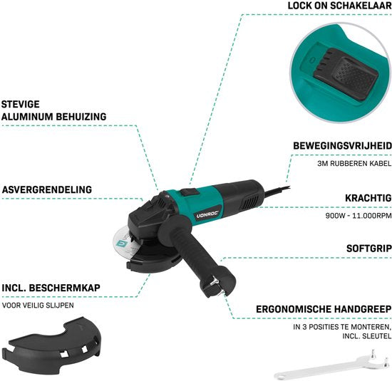 VONROC Winkelschleifer 900W - Ø125mm - 11.000 U/min - inkl. Seitengriff für Links- und Rechtshänder - 3 Meter Kabel - exkl. Schleifscheibe