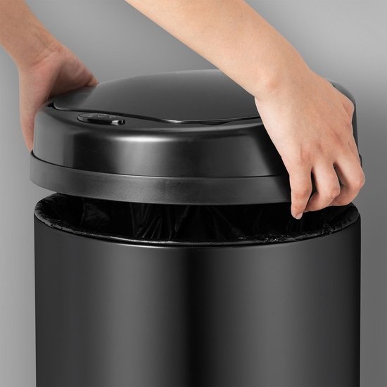 Juskys - Sensor-Mülleimer rund - 40 l & Ø 31 x 68 cm - Ausgestattet mit Automatik-Deckel und Klemmring - Für die hygienische Abfallentsorgung in der Küche - Schwarz pulverbeschichteter Stahl
