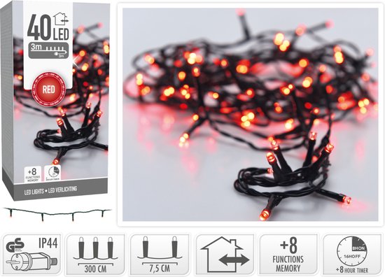 Weihnachtsbeleuchtung 40 led- 3m - rot - Timer - Lichtfunktionen - Speicher - Außen - Innen