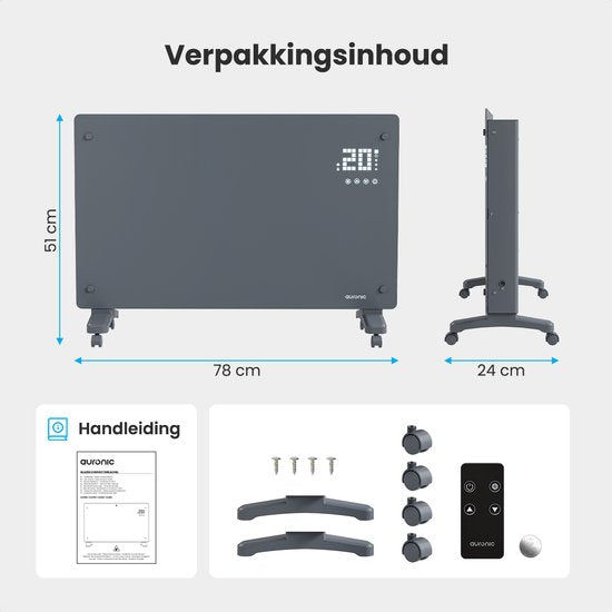 Auronic Electric Heater - Konvektor-Heizung mit Thermostat und Fernbedienung - Glasheizung - 1000W Heizung - Grau