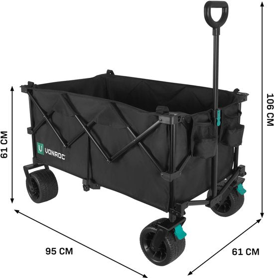 VONROC Bolderkar XL - Faltbar - 80 kg Tragkraft - 200l Fassungsvermögen - Extra geräumiges Modell - Solide Anti-Auslaufrollen - Stabiler Stahlrahmen - Polyester 600D - Schwarz