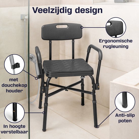 Sanicraft® Duschstuhl - Duschhocker mit Armlehne & Duschkopfhalterung - Stuhl & Hocker in 1 - Höhenverstellbar - Rutschfeste Beine - Schwarz