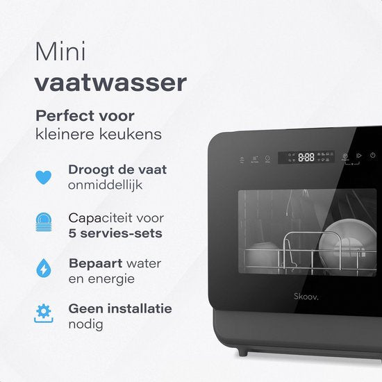 Skoov Mini-Geschirrspüler - Mit Wassertank - Bis zu 3 Geschirrsets - 6 Spülprogramme - Kleiner schmaler freistehender Geschirrspüler - Camping - Schwarz