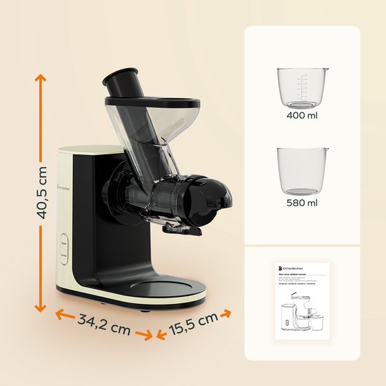 KitchenBrothers Slowjuicer - Entsafter - Gemüse- und Obstpresse - 43 mm und 60 mm Einfüllöffnung - 400 ml - Champagner
