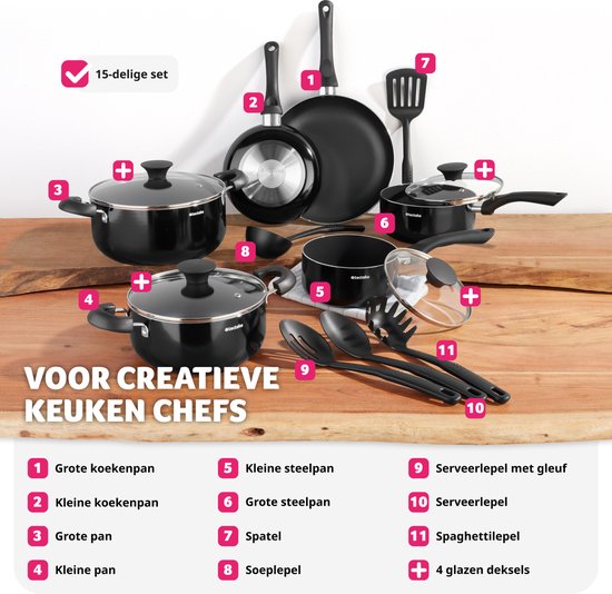 tectake Pfannenset 15-teilig - Aluminium mit Glasdeckeln - Inklusive Utensilien - Schwarz