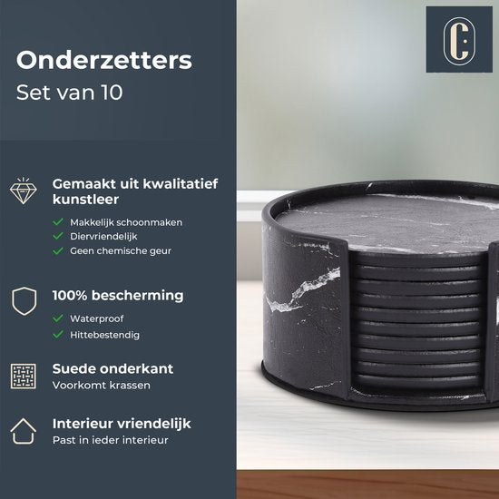 Castagnola Kunstleder-Untersetzer - Untersetzer für Gläser - Design-Untersetzer mit Halterung - Leder-Untersetzer-Set - Leder - 10er-Set - Marmor-Look - Schwarz/Weiß