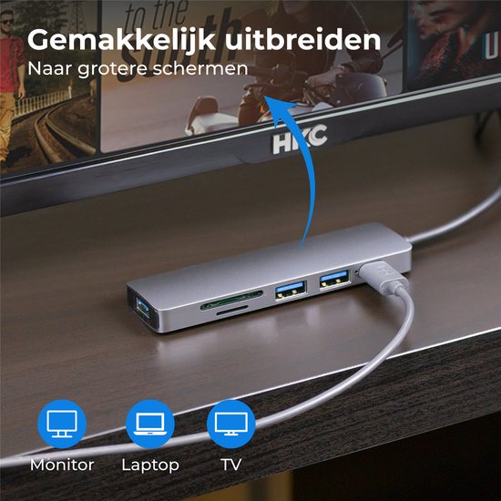 Nuvance - USB-C-Hub 3.0 - 5 Anschlüsse - USB-Splitter - USB-C-Dock - Micro SD-Kartenleser USB C - Grau