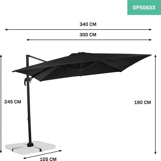 VONROC Premium Floating Parasol Pisogne 300x300cm - Inkl. Kreuzfuß & Schutzhülle - Quadratischer Sonnenschirm - 360° drehbar - Neigbar - UV-beständiges Tuch - Schwarz