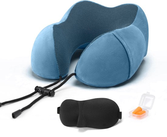SKYCASES Travel Essentials - Nackenkissen-Set 3-teilig - Ergonomisches Memory Foam Reisekissen mit Augenmaske und Ohrstöpsel - Ideal für Flugzeug, Auto und Zug - Kompakt und luxuriös - Königsblau