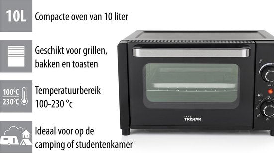 Tristar Camping Backofen OV-3615 - Backofen 10 Liter - 800 Watt - Freistehender kleiner Backofen mit Zubehör - Einstellbarer Thermostat: 100⁰ bis 230⁰ - Geeignet für Camping - Inklusive Backblech, Grillrost und Griff - Schwarz